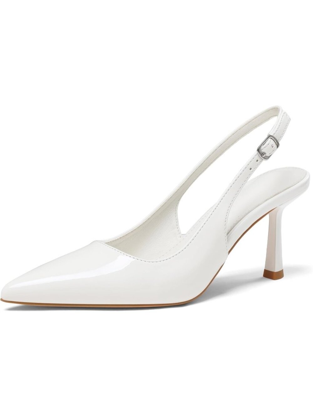 Women's White Slingback Pointed Toe Kitten Stiletto Heel with Buckle Comfortable